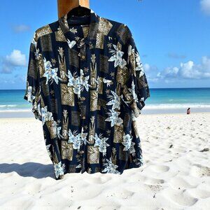 Puritan Vintage Hawaiian Tiki Gods Pineapple Casual Aloha Camp Shirt Size XL